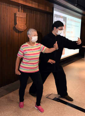 Ms Rebecca Chan and Mr Angus Yu make a Tai Chi pose. Mr Yu serves as a Tai Chi master in the study.
 